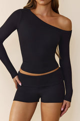 BASE Luxe Rib Off Shoulder Long Sleeve Top Black