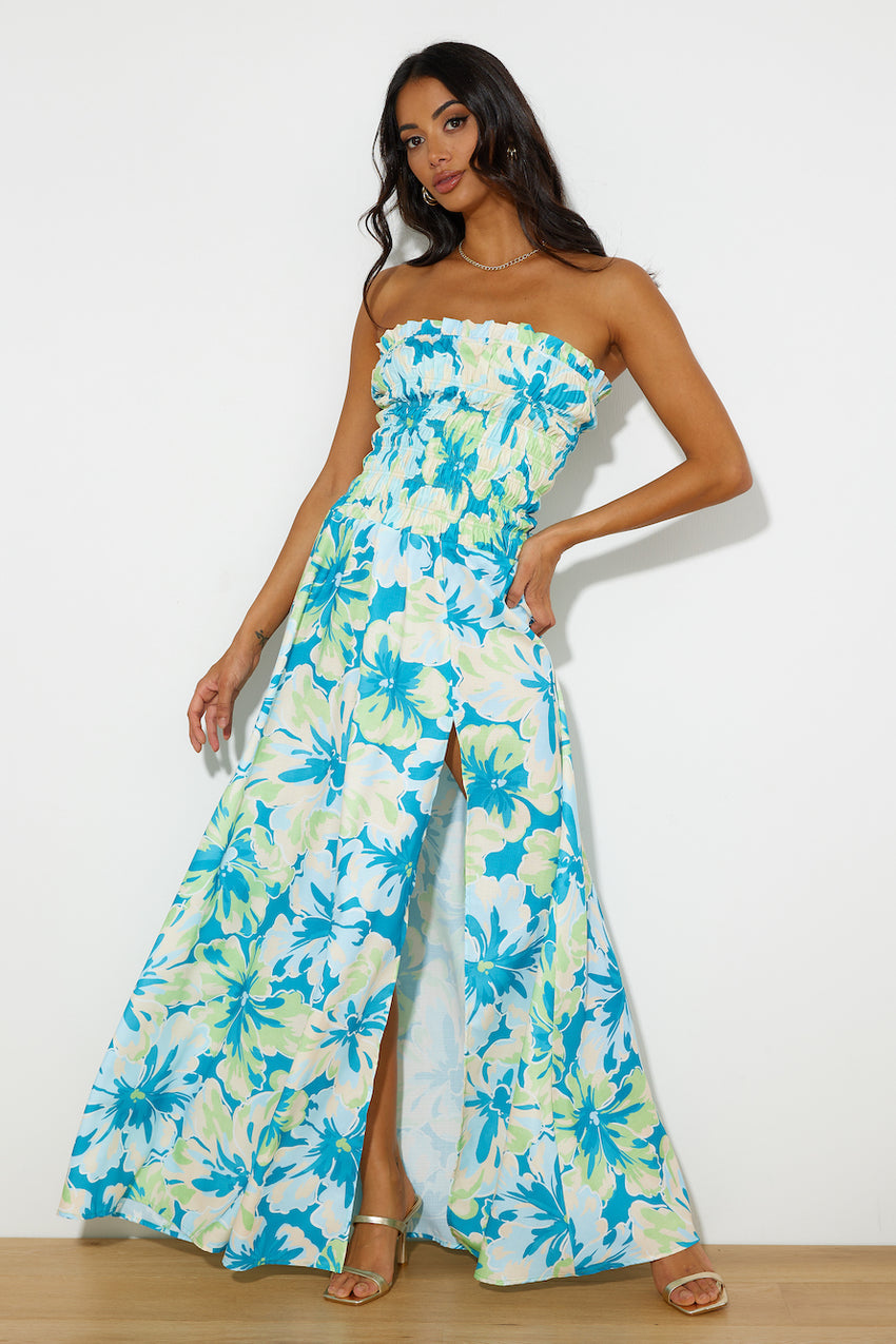 RUNAWAY Rylee Maxi Dress Teal Floral
