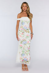 Romantic Garden Floral Off The Shoulder Maxi Dress White