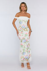 Romantic Garden Floral Off The Shoulder Maxi Dress White