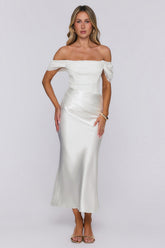 Love Looks Good Lace Satin Off Shoulder Maxi Dress White