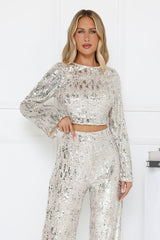 Dazzling Sequin Long Sleeve Backless Pant Set Silver