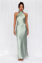 HELLO MOLLY The Cleo Halter Satin Maxi Dress Sage