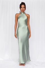 HELLO MOLLY The Cleo Halter Satin Maxi Dress Sage