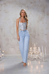 Sequin Edition Halter Corset Crop Top Silver