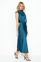 Confidence High Satin Midi Dress Teal
