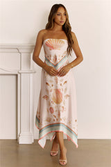 Coastal Chic Strapless Scarf Print Midi Dress Pink