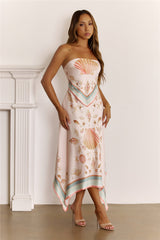 Coastal Chic Strapless Scarf Print Midi Dress Pink