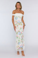 Romantic Garden Floral Off The Shoulder Maxi Dress White