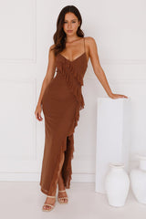 Flaunt It Girl Frill Mesh Maxi Dress Chocolate
