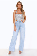 Sequin Edition Halter Corset Crop Top Silver