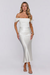 Love Looks Good Lace Satin Off Shoulder Maxi Dress White