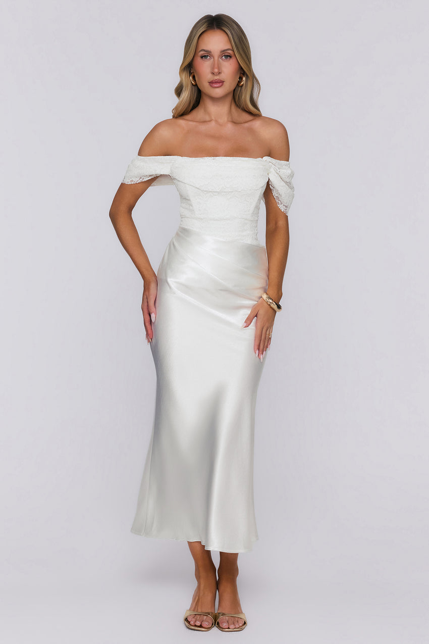 Love Looks Good Lace Satin Off Shoulder Maxi Dress White
