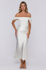 Love Looks Good Lace Satin Off Shoulder Maxi Dress White