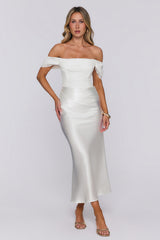 Love Looks Good Lace Satin Off Shoulder Maxi Dress White