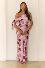 Romantic Rose Satin One Shoulder Maxi Dress Pink