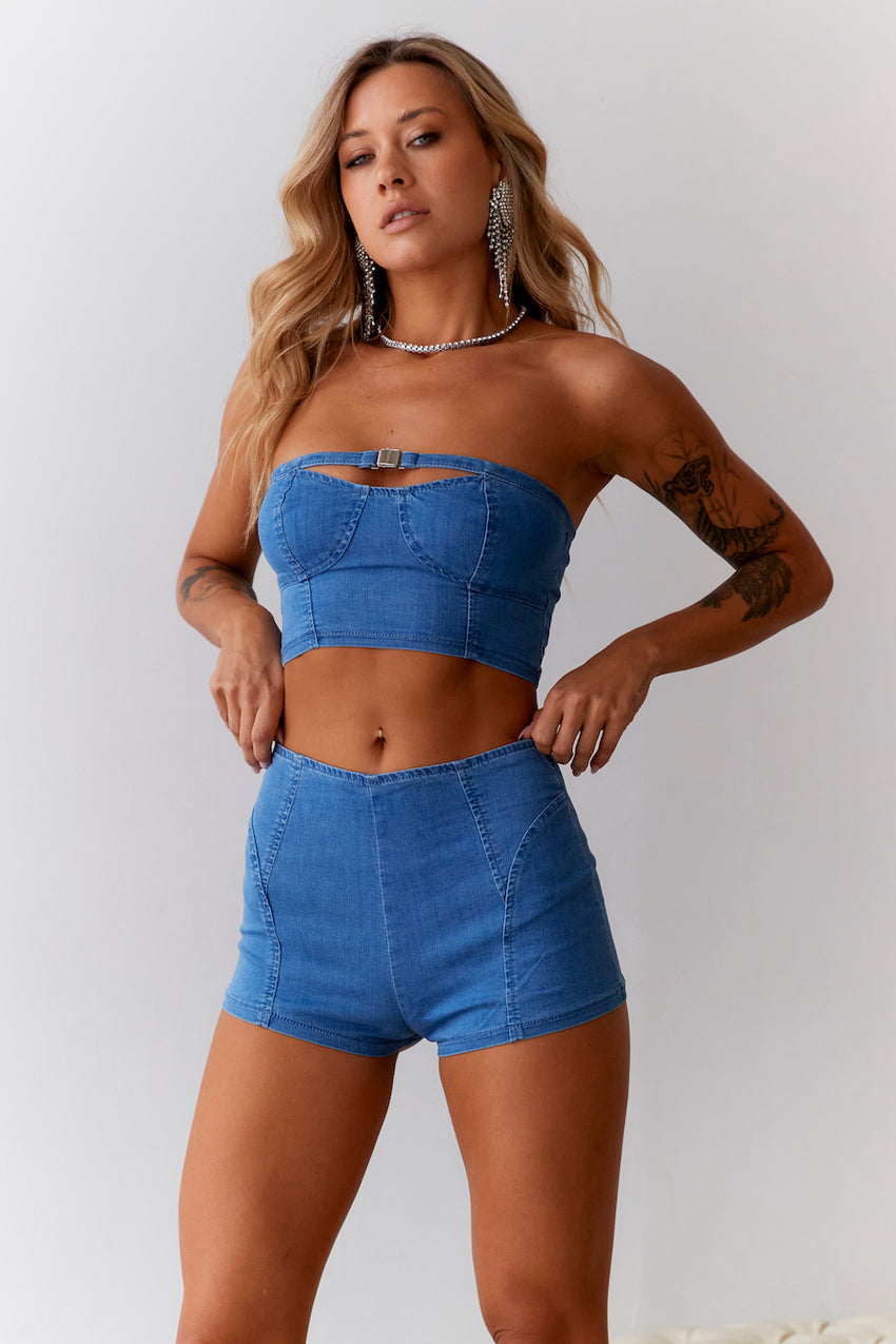 HELLO MOLLY Cheeky Heart Mid Rise Denim Shorts Blue