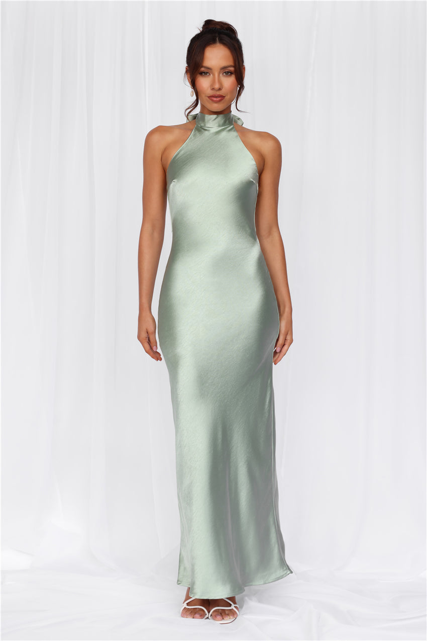 HELLO MOLLY The Cleo Halter Satin Maxi Dress Sage