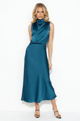 Confidence High Satin Midi Dress Teal