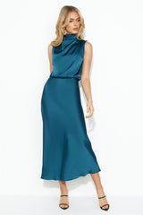 Confidence High Satin Midi Dress Teal